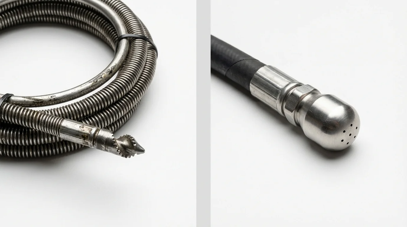 Drain snake cable and hydro jetting nozzle used for drain cleaning in Pearl River, NY