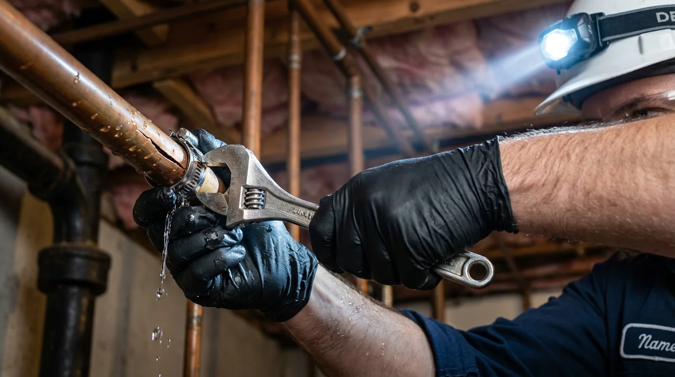 Emergency pipe clamp repair being performed by a Johns Plumbing LLC plumber in Pearl River