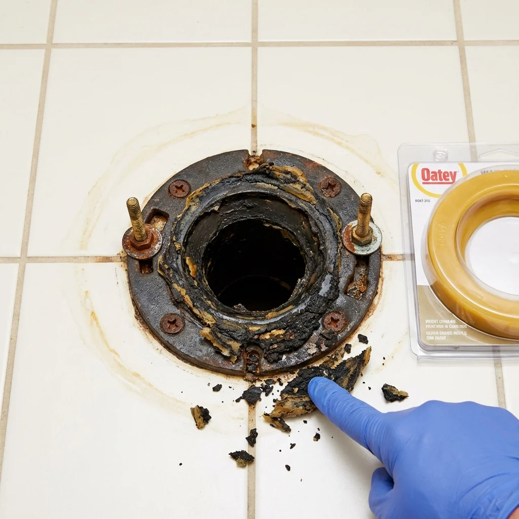 Failed wax ring showing water seepage at the base of a toilet in a Pearl River, NY home