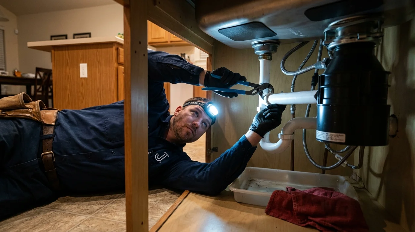 P-trap and supply line connections under a kitchen sink showing a common leak point in Pearl River, NY
